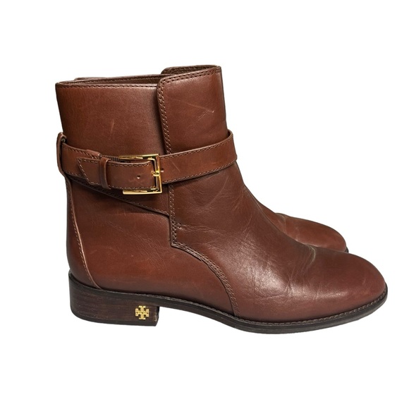 Tory Burch | Brooke Brown Leather Ankle Bootie With Strap Detailing - Picture 1 of 7
